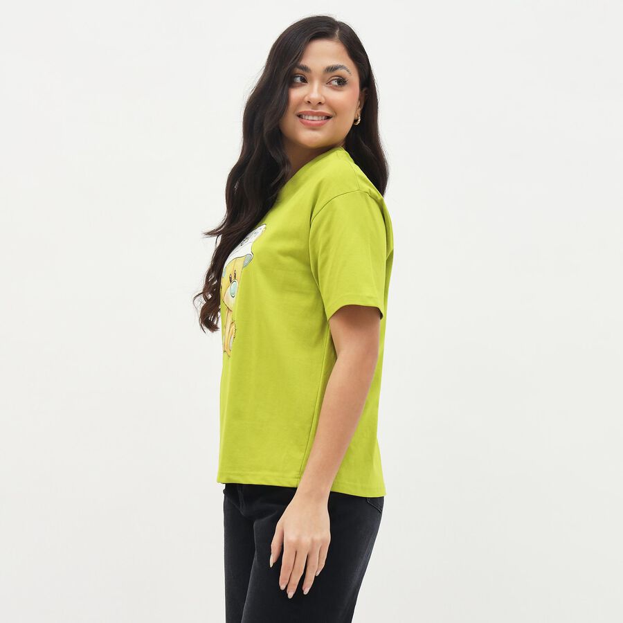 Women's Bright Lime Green Cotton Round Neck Graphic T-Shirt, Neon Green, large