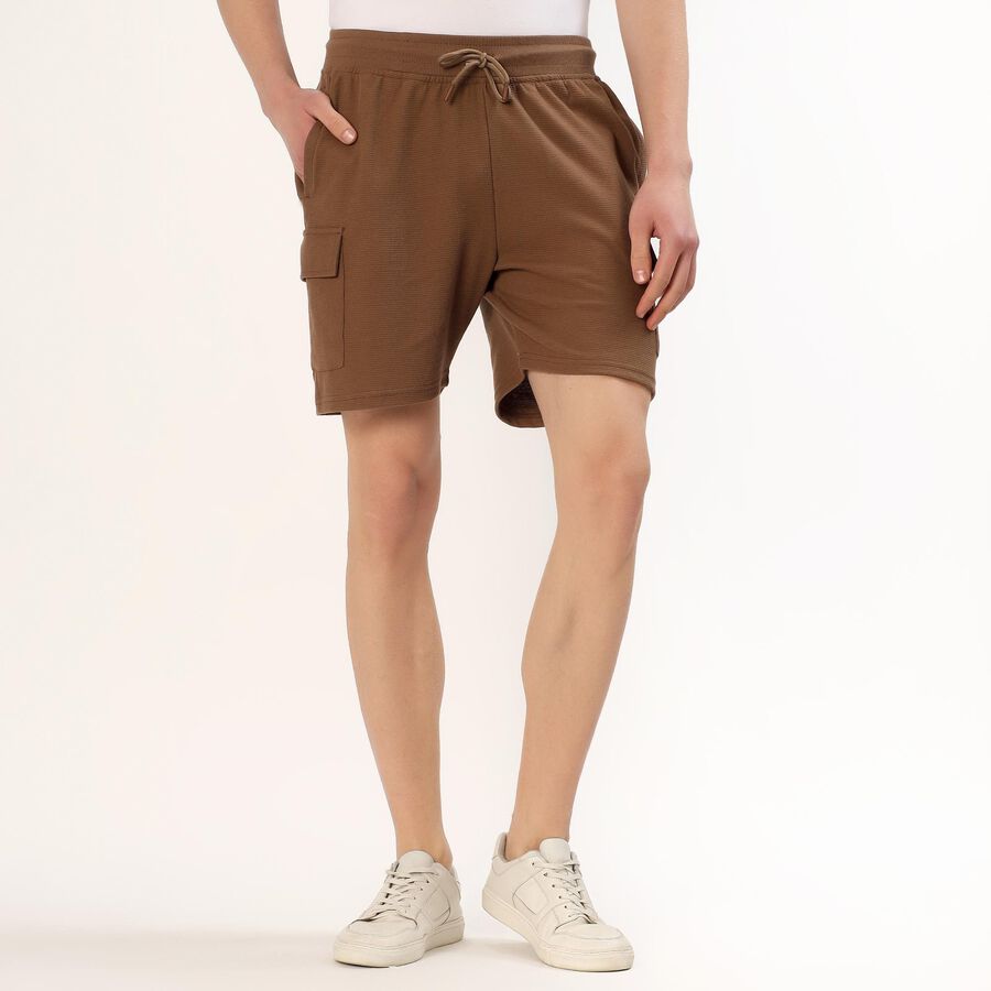 Men's Warm Brown Relaxed Fit Textured Bermuda Shorts, भूरा, large