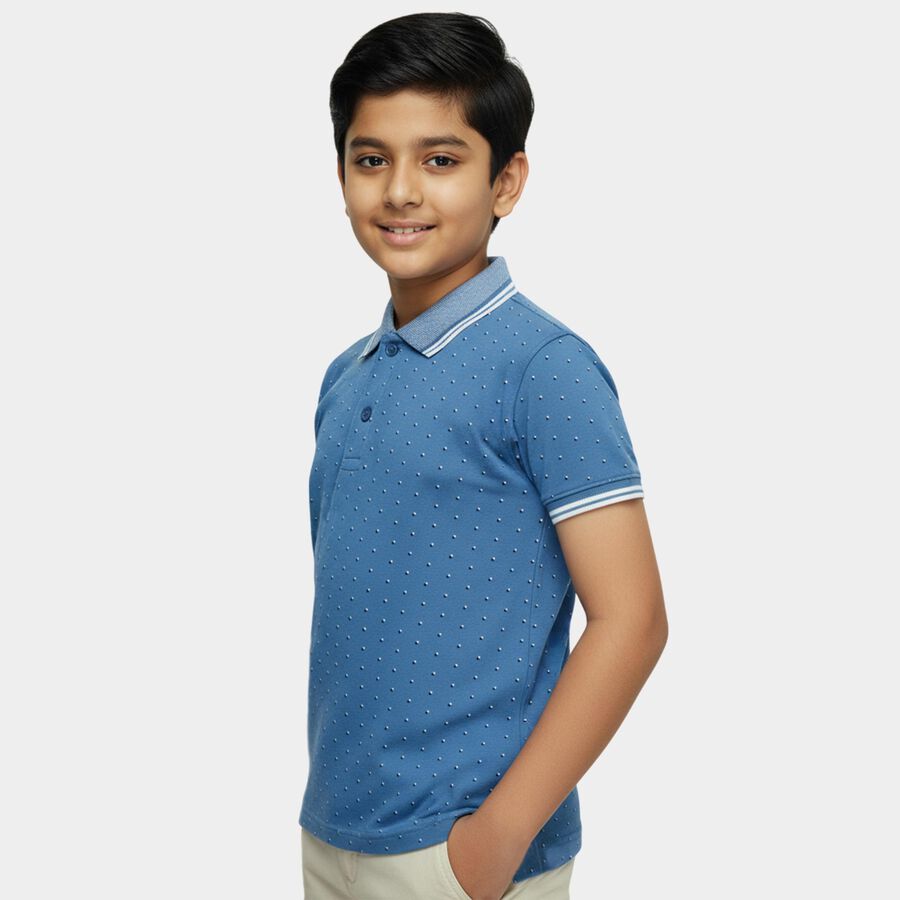 Boys Blue Cotton Polo Collar Preppy Half Sleeve T-Shirt, Light Blue, large