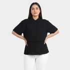 Women's Black Classic Collar Military Shirt, काला, small