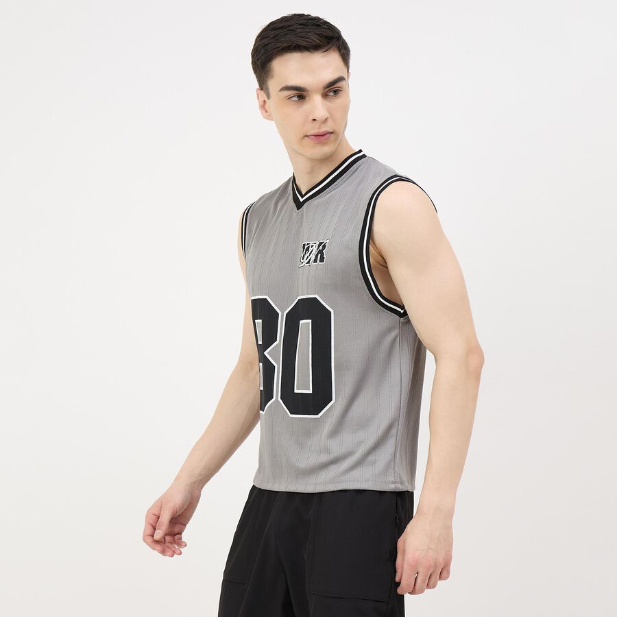 Men's Grey Round Neck Printed Athleisure T-Shirt, Dark Grey, large