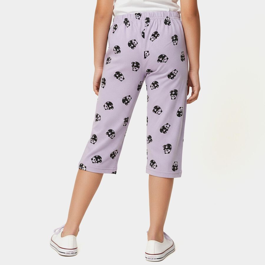 Girls' Lavender Regular Fit Panda Printed Elastic Waist Capri, Lilac, large