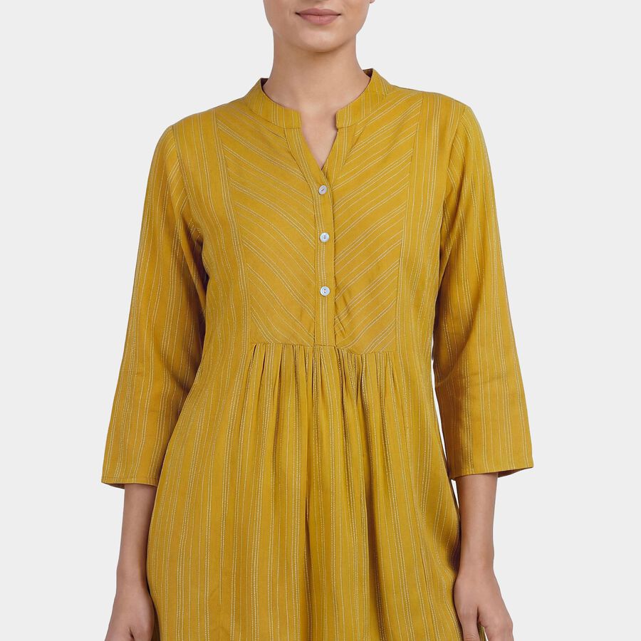Women's Yellow Mandarin Collar Printed Straight Kurti, Mustard, large