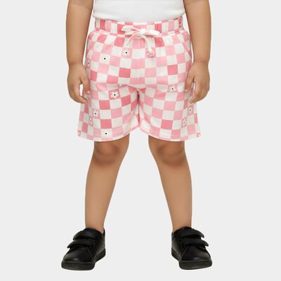 Girls' Pink Regular Fit Checkered Floral Shorts