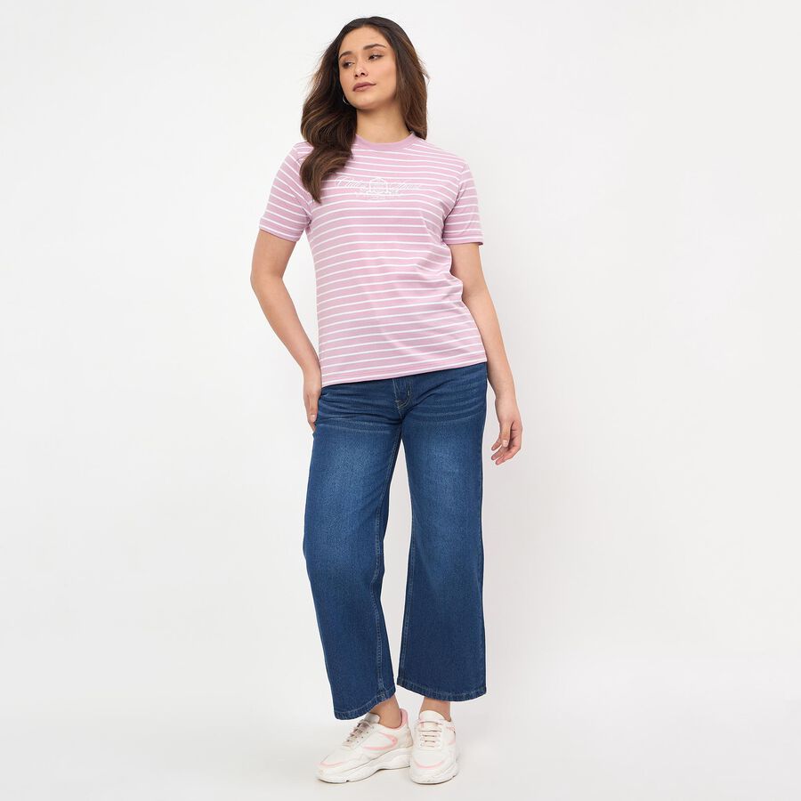 Women's Pink Round Neck Casual T-Shirt, Lilac, large