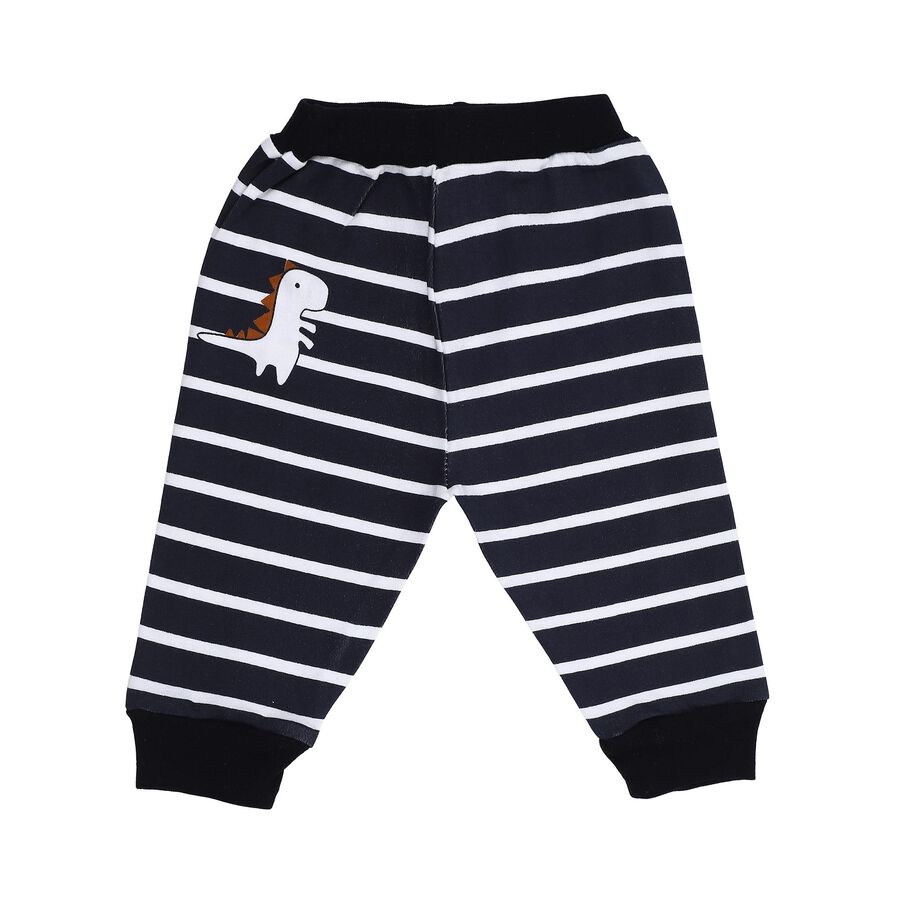 Infants Navy Blue Striped Cotton Dinosaur Print Pyjama, नेवी ब्लू, large image number null
