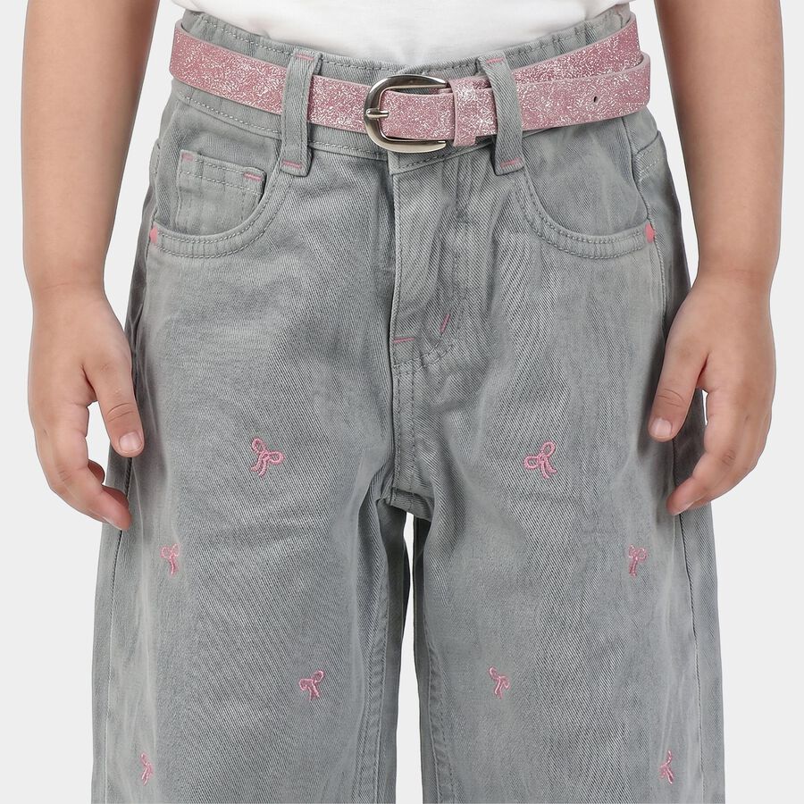 Girls' Grey Straight Fit Embroidered Jeans, Light Grey, large