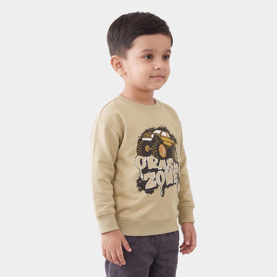 Boys' Beige Crew Neck Graphic Print Sweatshirt, गहरा पीला, large