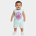 Infants' Mint Green Cotton Round Neck Printed Shorts Set, Light Green, small