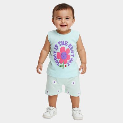 Infants' Mint Green Cotton Round Neck Printed Shorts Set