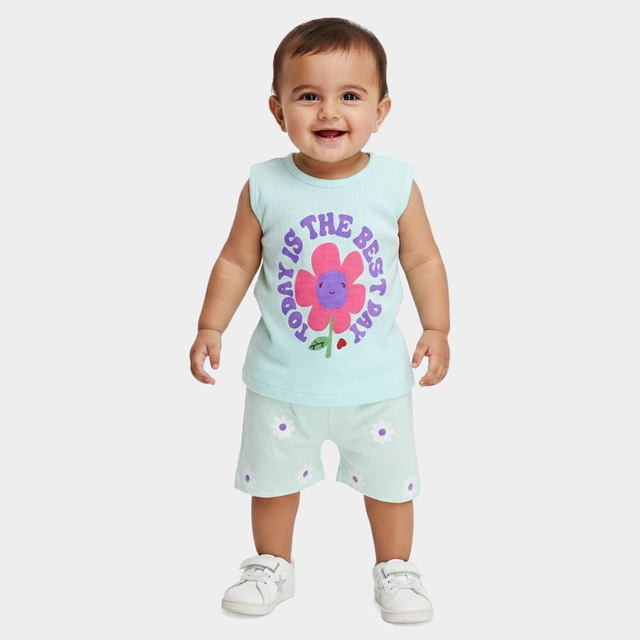 Infants' Mint Green Cotton Round Neck Printed Shorts Set, Light Green, large