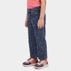 Girls' Navy Blue Straight Fit Printed Jeans, मध्यम नीला, small