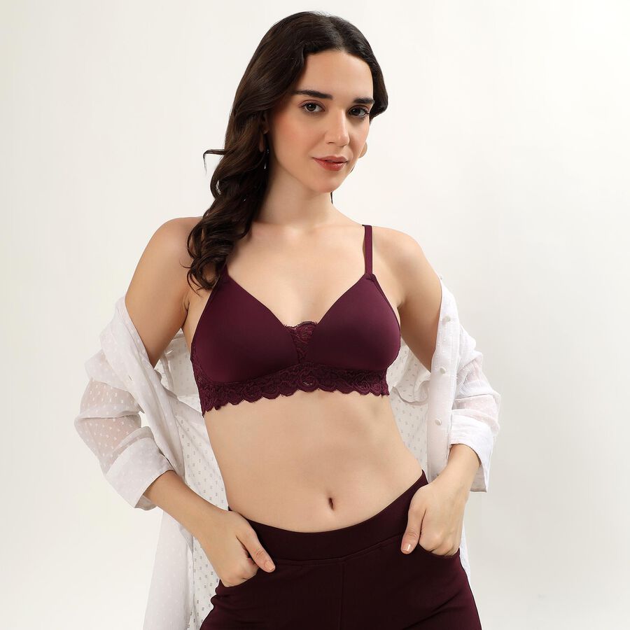 Women's Deep Maroon Padded V-Neck Classic Bra, वाइन, large