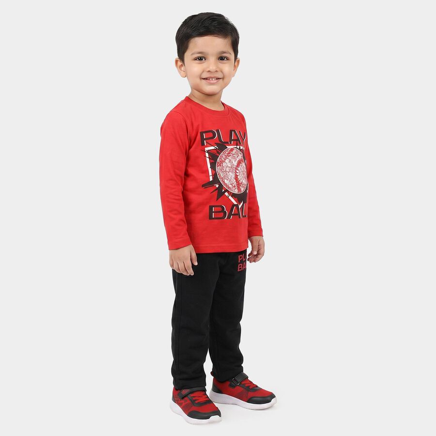 Boys Red Crew Neck Graphic Print Baba Suit, Red, large