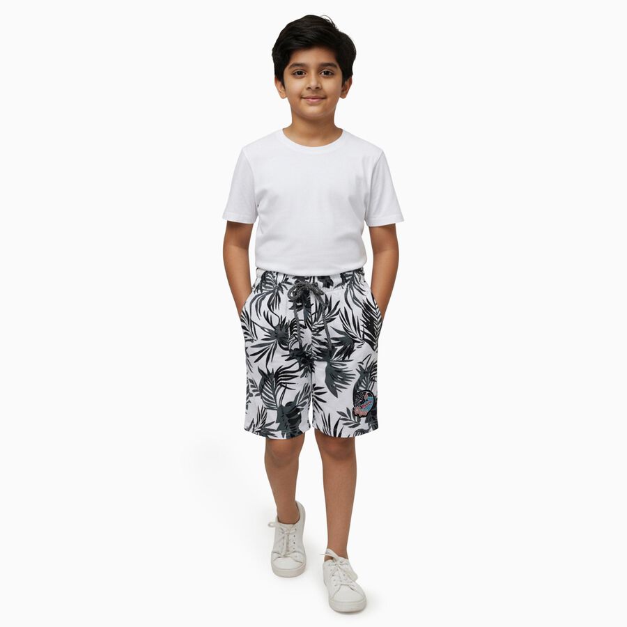 Boys' Muted Charcoal Gray Regular Fit Bermuda Shorts, सफ़ेद, large