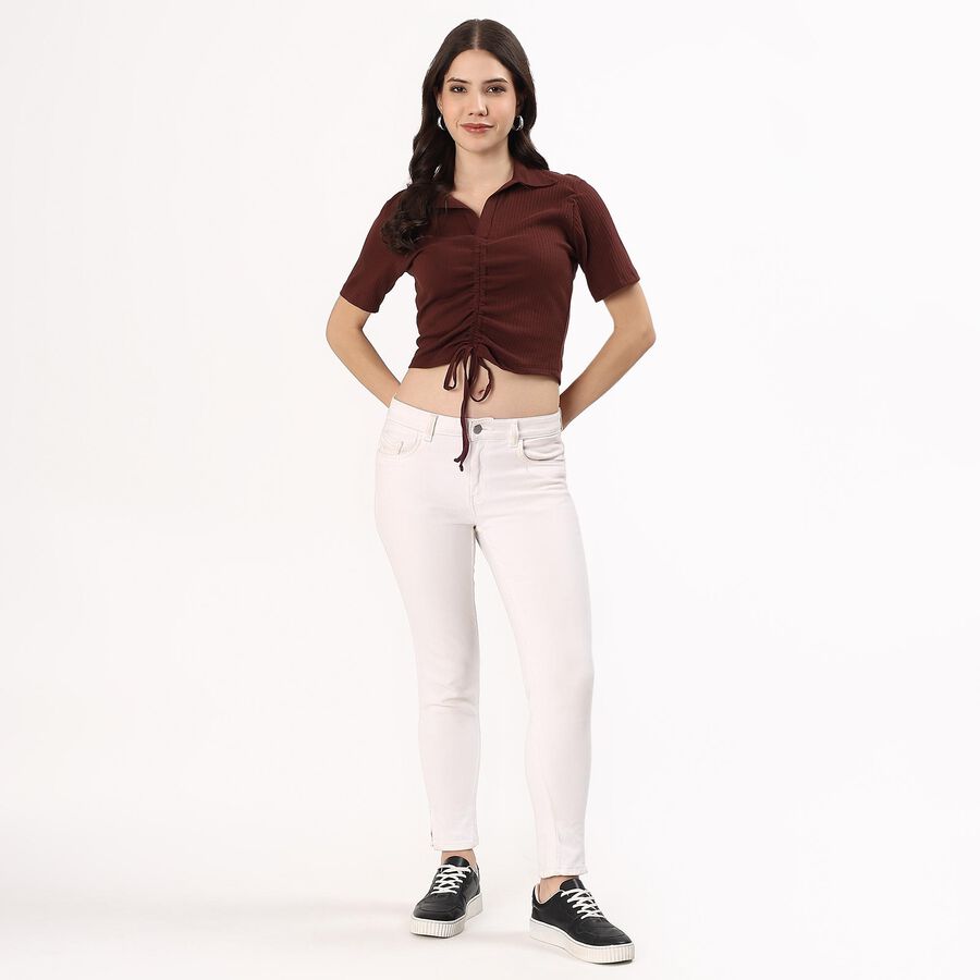 Women's Rich Chocolate Brown Cotton Collared Casual Crop Top, Brown, large