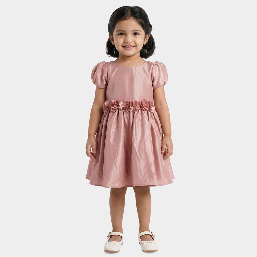 Girls' Pink Puff Sleeve Floral Belt Party Frock, गुलाबी, large