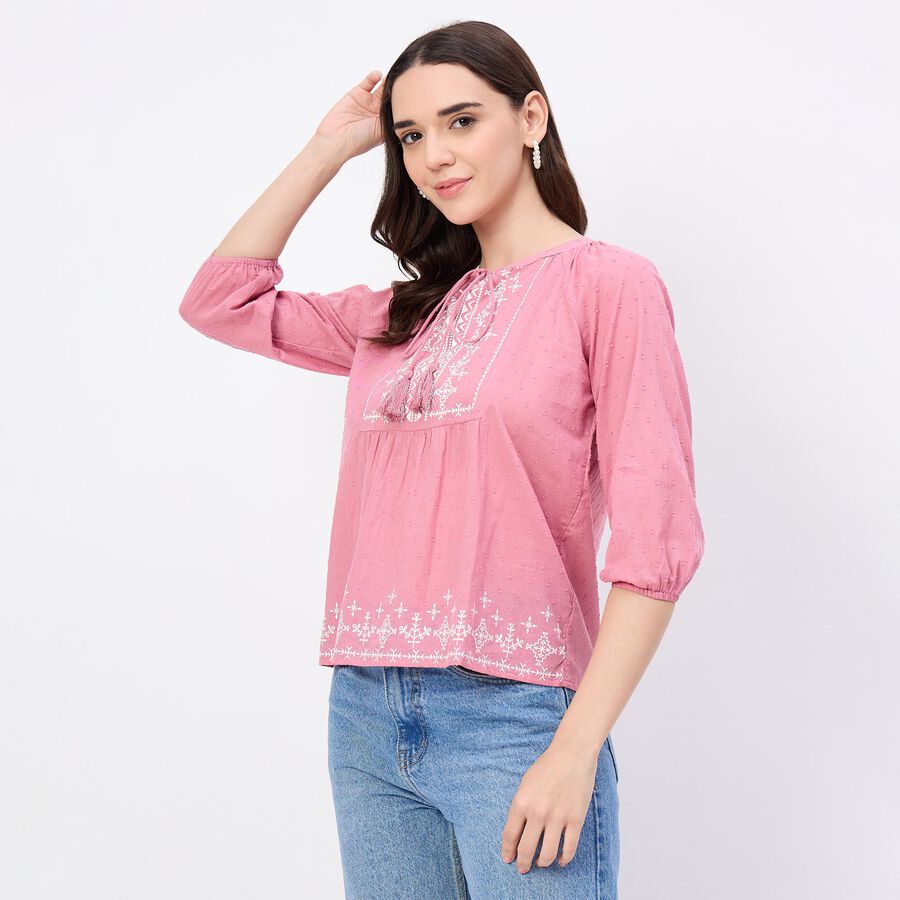 Women's Bright Fuchsia Pink Cotton High Neck Romantic Top, Pink, large