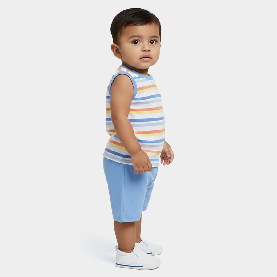 Infants' Blue 100% Cotton Round Neck Striped Baba Suit, Mid Blue, large