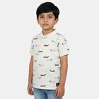 Boys' Off White Cotton Polo Collar Printed T-Shirt, Off White, small