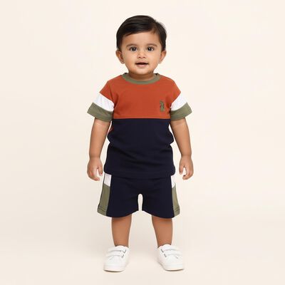 Infants' Rust Orange and Navy Cotton Round Neck Colorblock Baba Suit