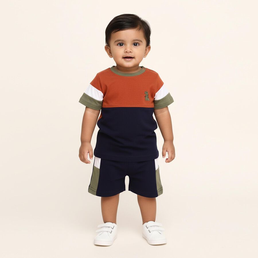 Infants' Rust Orange and Navy Cotton Round Neck Colorblock Baba Suit, नेवी ब्लू, large image number null