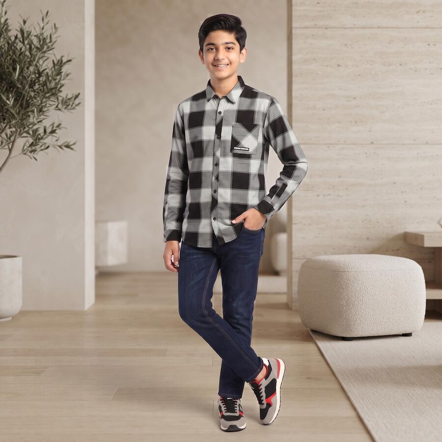 Boys Black Cotton Checked Shirt, Black, large