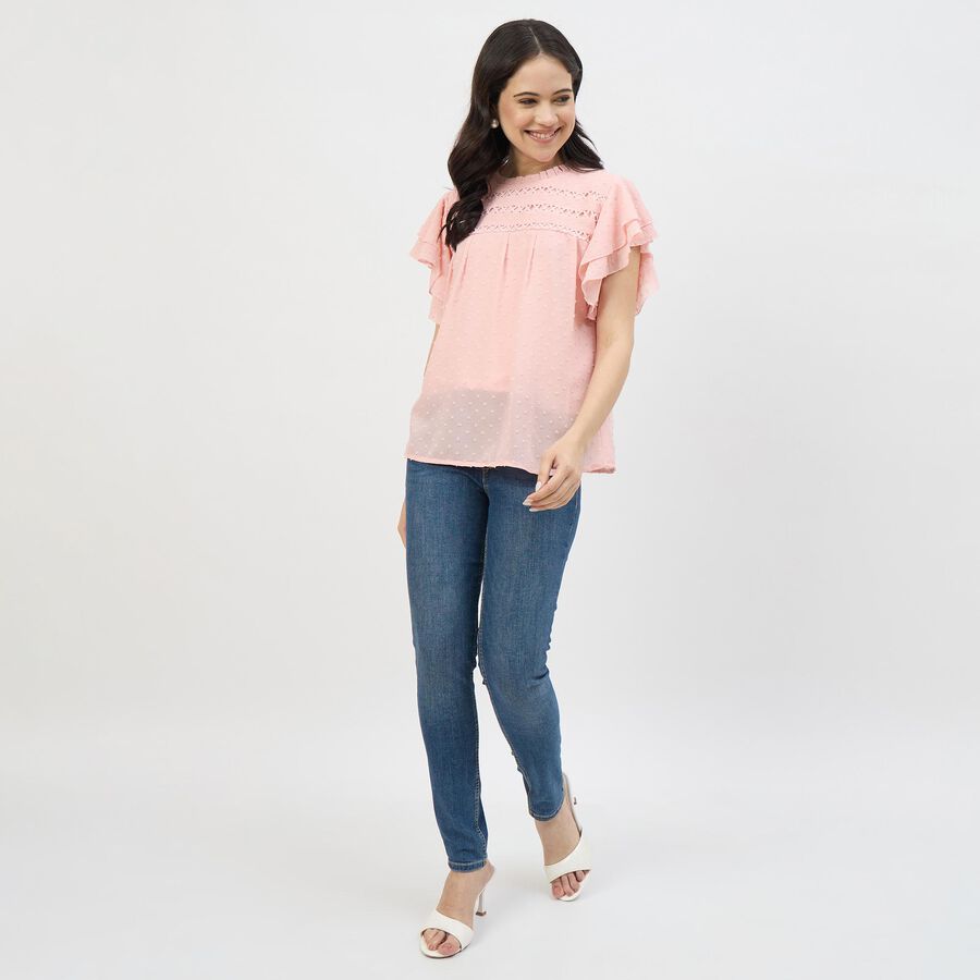 Women's Bright Pink Round Neck Casual Top, Pink, large