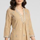 Women's Beige Round Neck Embroidered Straight Kurta, गहरा पीला, small