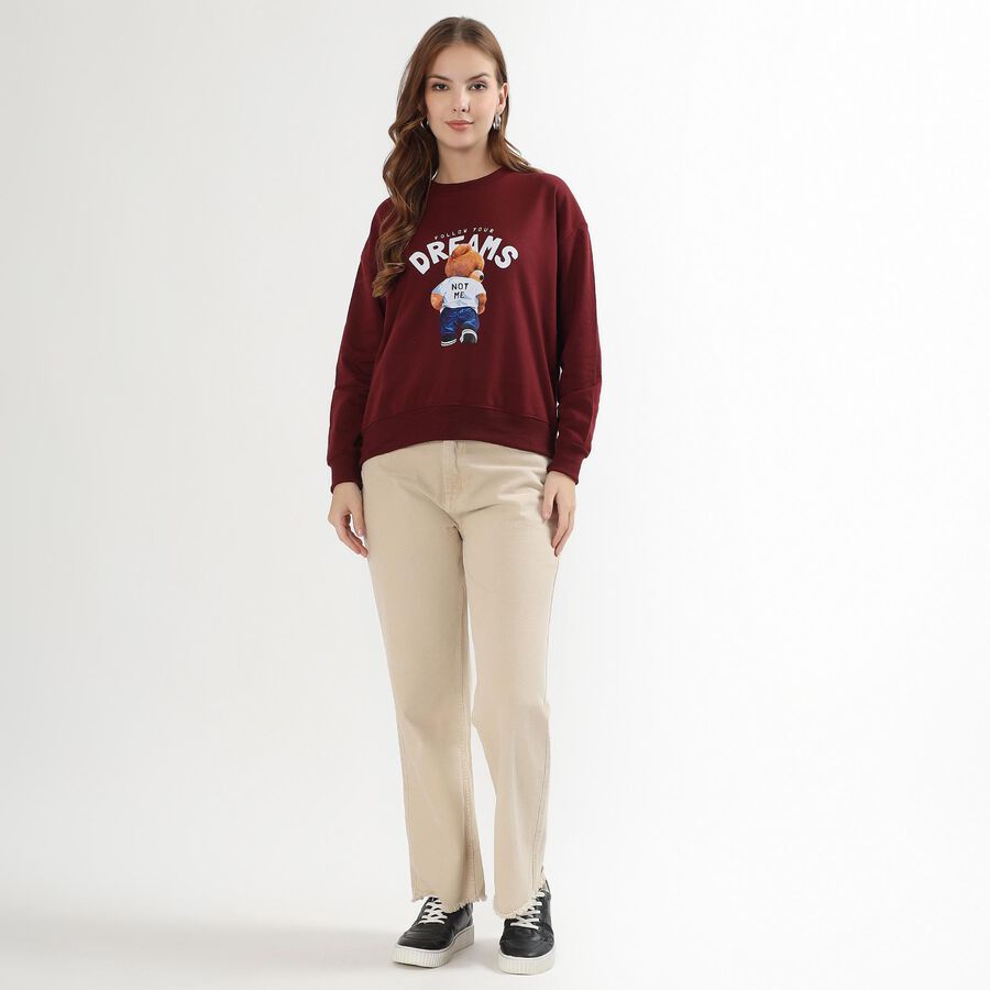 Women's Deep Burgundy Crew Neck Casual Sweatshirt, Wine, large image number null