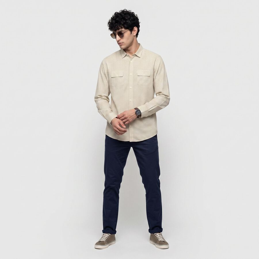 Men's Beige Cotton Long Sleeve Collar Casual Shirt, गहरा पीला, large