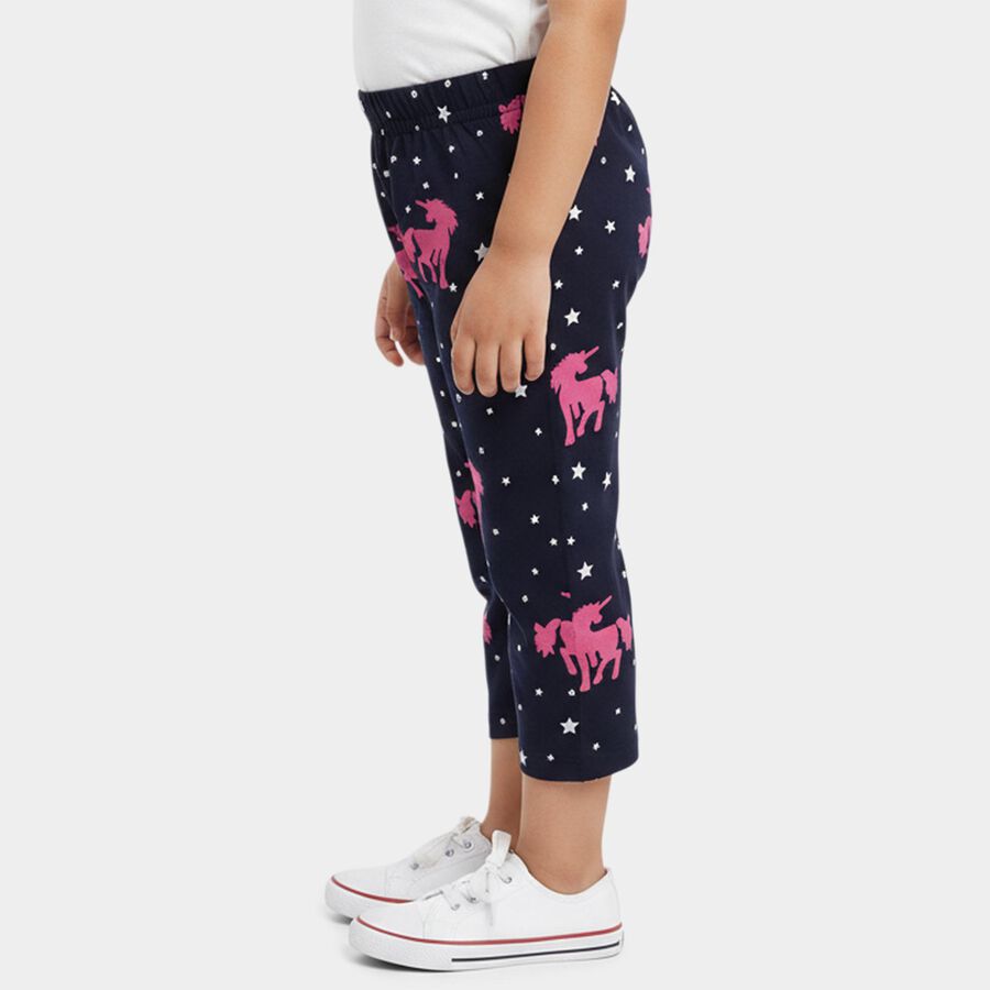 Girls' Navy Blue Regular Fit Unicorn Printed Cotton Capri, Navy Blue, large