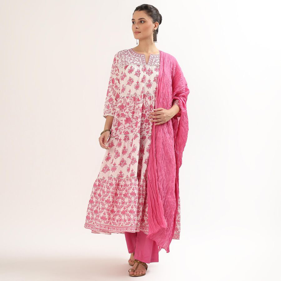 Women's Pink Cotton Floral Printed Ethnic Set, हल्का गुलाबी, large image number null