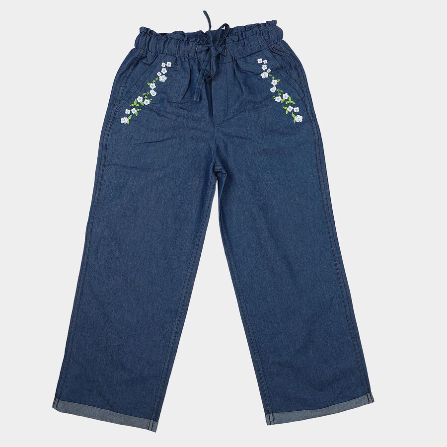 Girls Blue Wide Leg Embroidered Jeans, मध्यम नीला, large