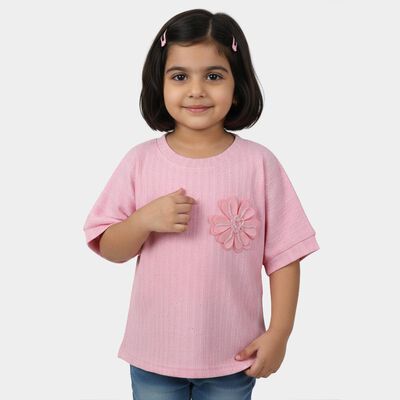 Girls Light Pink Round Neck Casual T-Shirt