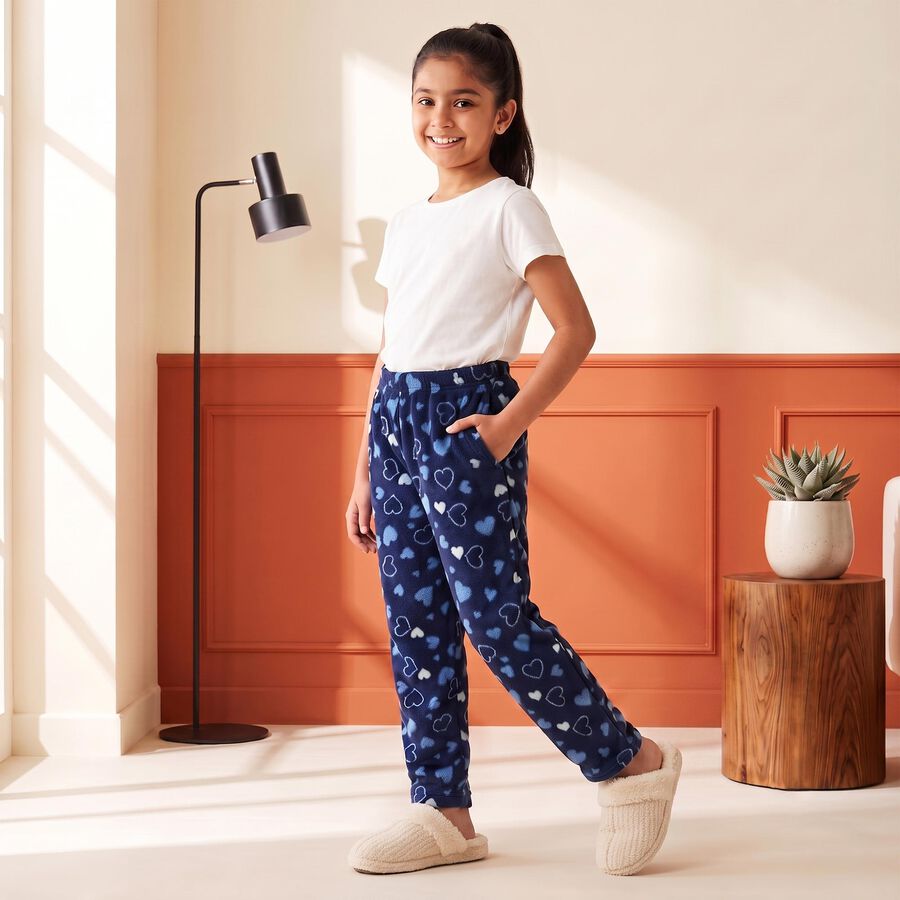 Girls' Navy Blue Straight Fit Heart Winter Pyjama, Navy Blue, large