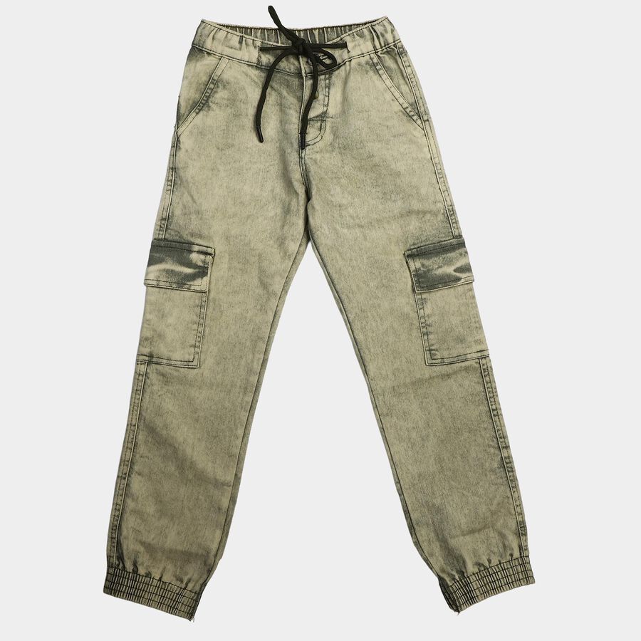 Boys Olive Green Cargo Fit Washed Jeans, Olive, large