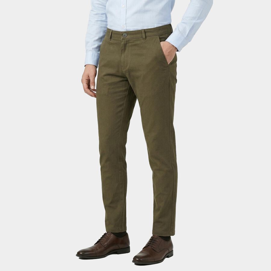 Men's Olive Green Slim Fit Casual Trousers, Olive, large