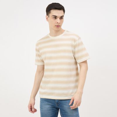 Men's Beige Cotton Blend Round Neck Classic T-Shirt