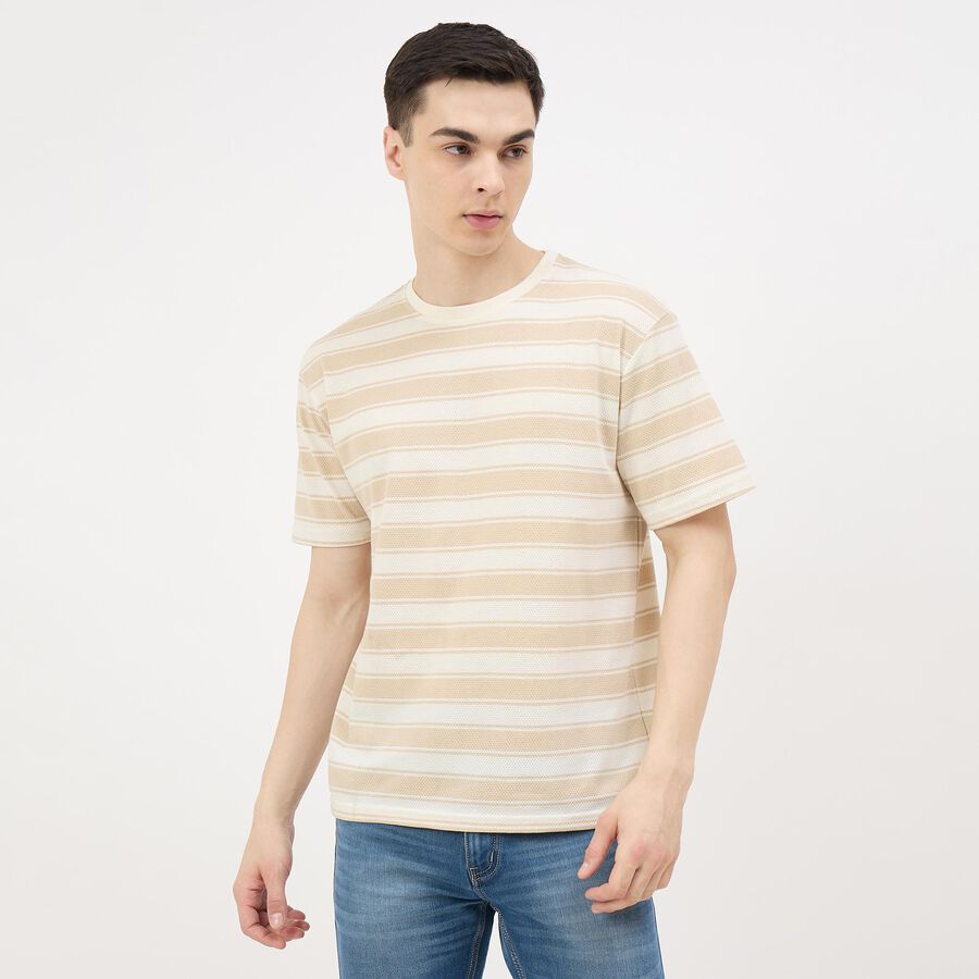 Men's Beige Cotton Blend Round Neck Classic T-Shirt, Beige, large