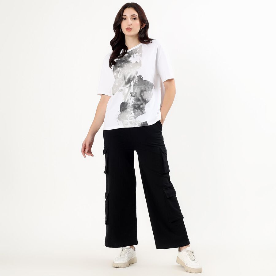 Women's Jet Black Wide-Leg Cargo Track Pants, Black, large image number null