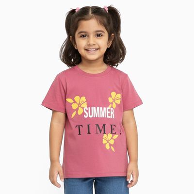 Girls Pink Cotton Round Neck Casual T-Shirt