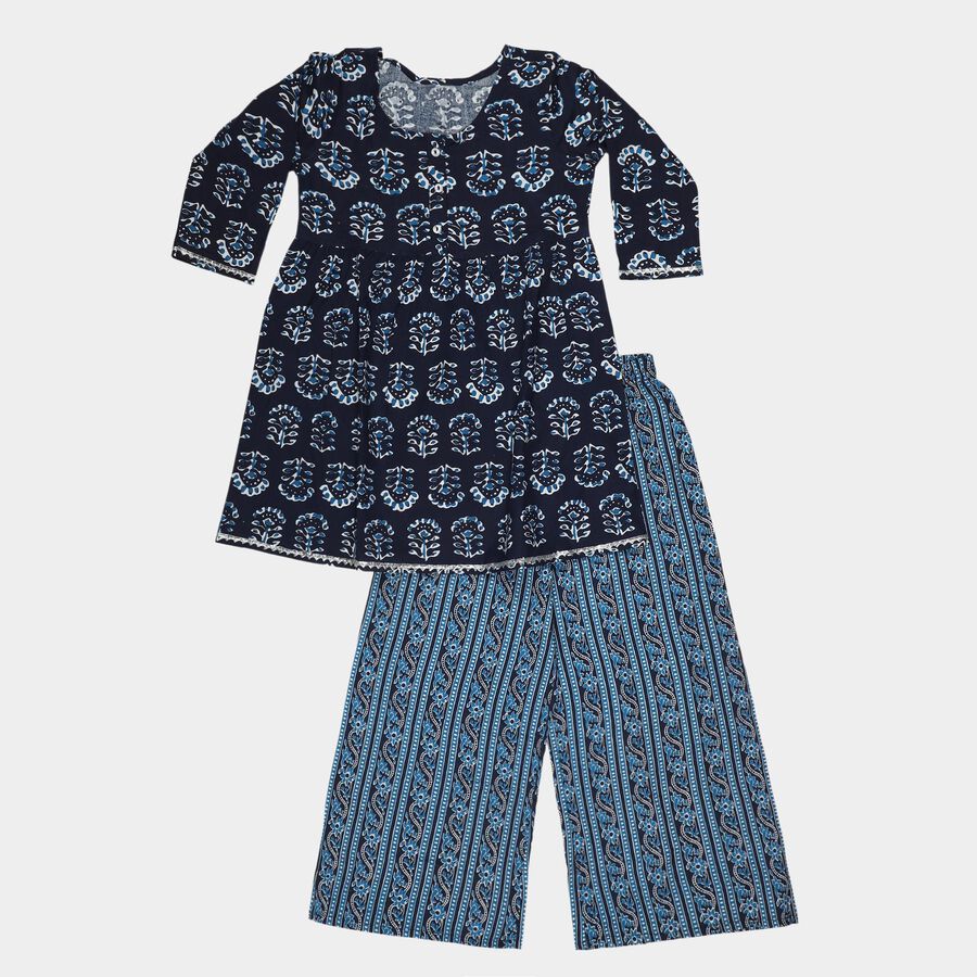 Girls' Navy Blue Round Neck Printed Flared Kurta and Palazzo Fusion Set, नेवी ब्लू, large
