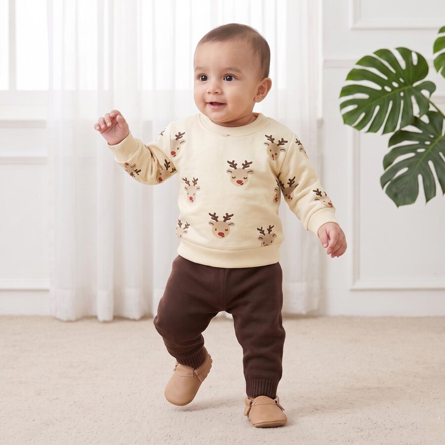 Infants' Beige Round Neck Pullover Sweatshirt, गहरा पीला, large
