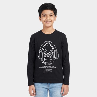Boys Black Crew Neck Regular Graphic Print T-Shirt
