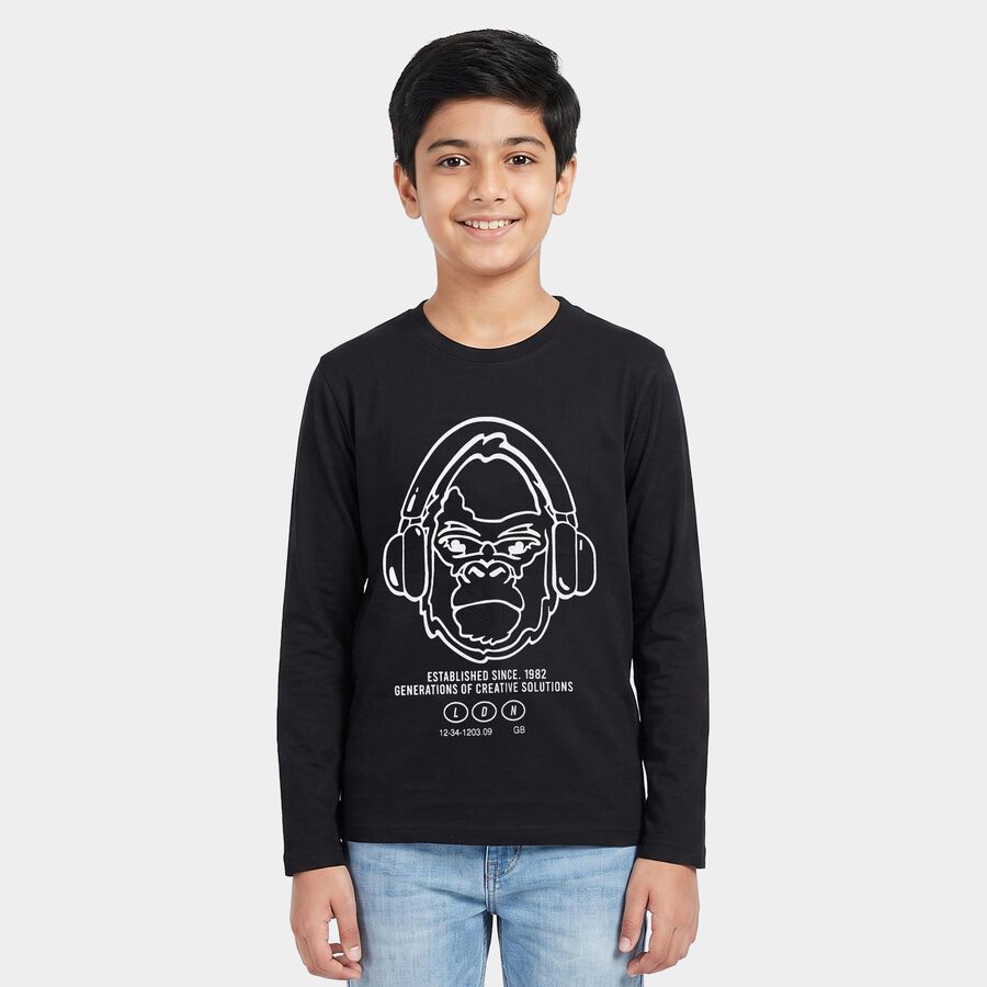Boys Black Crew Neck Regular Graphic Print T-Shirt, काला, large