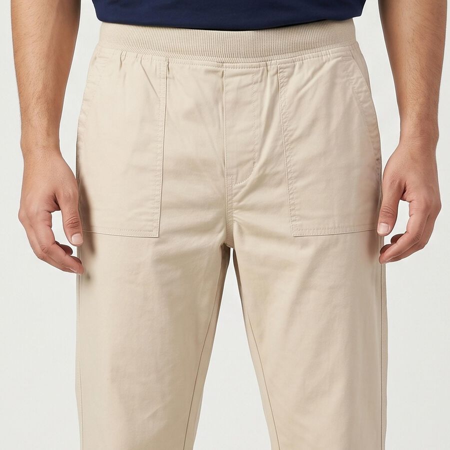 Men's Off White Slim Fit Elasticated-Waist Casual Trousers, ऑफ व्हाइट, large