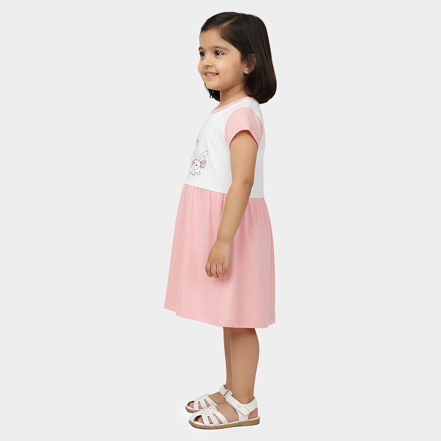 Girls' Pink Fit and Flare Rabbit Printed Frock, गुलाबी, large
