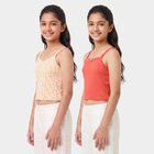 Girls' Peach Cotton Square Neck Sleeveless Vest, पीच, small