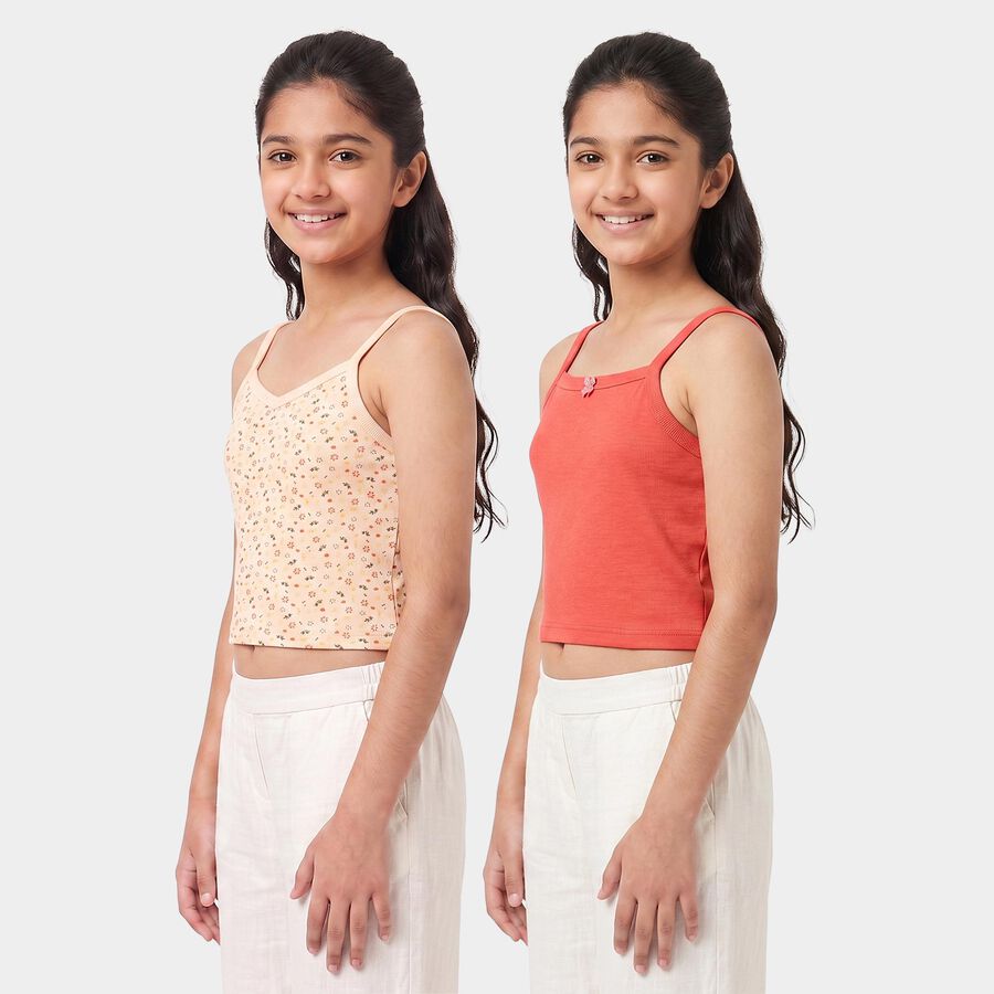 Girls' Peach Cotton Square Neck Sleeveless Vest, पीच, large